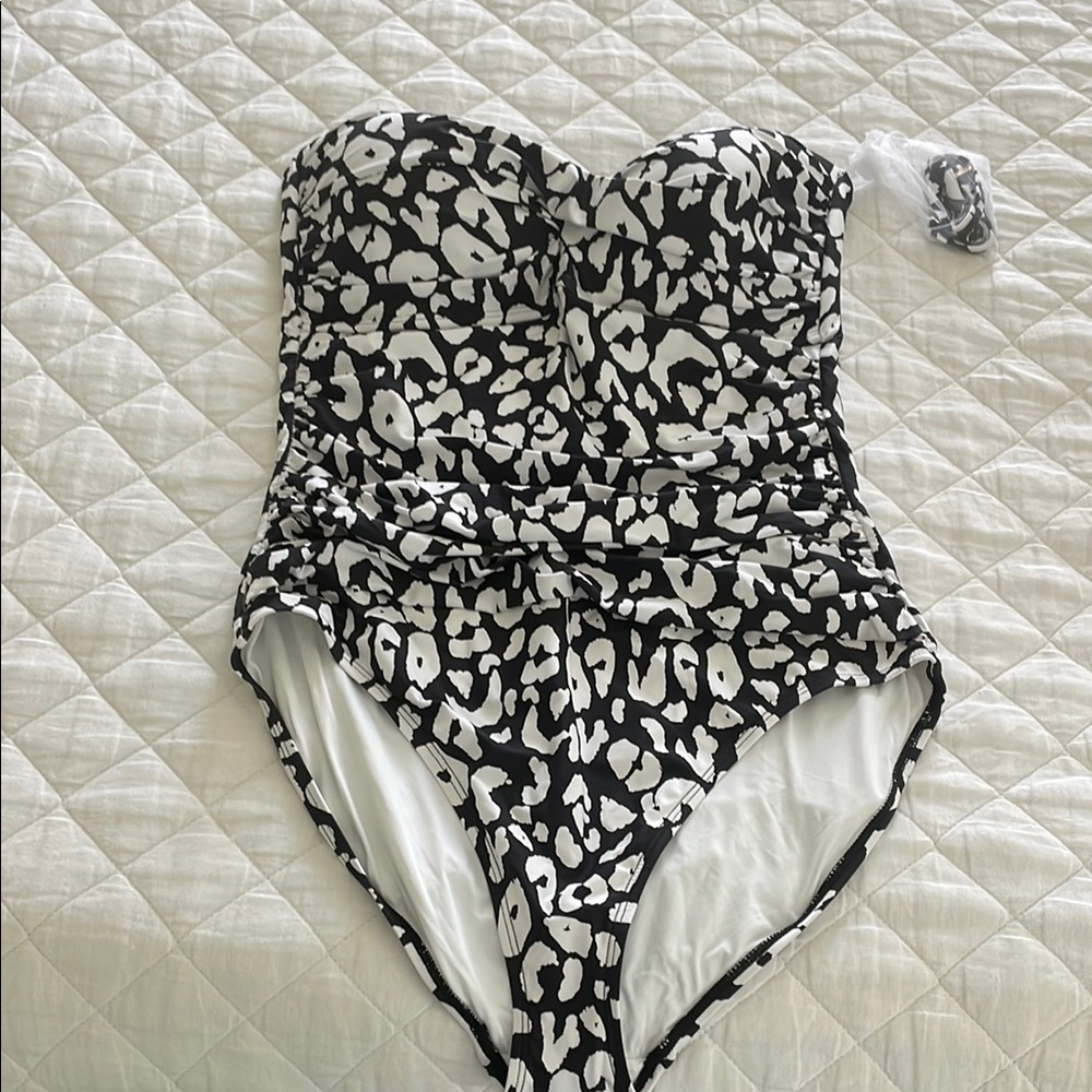 Ann Cole Black and White leopard Strapless one piece Swimsuit